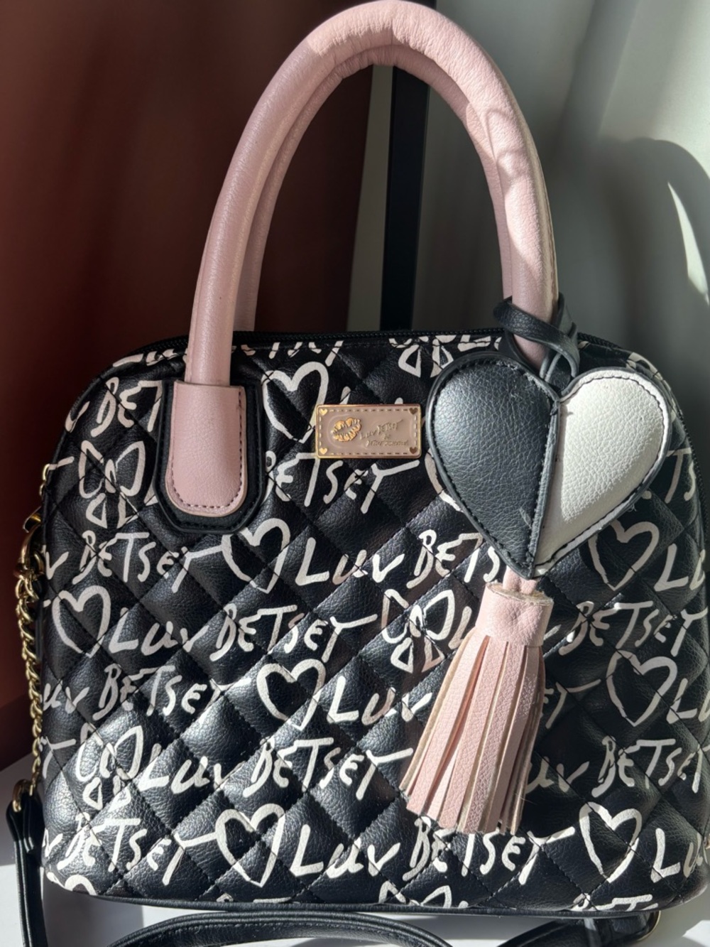 BETSEY JOHNSON Luv Betsey Black & Pink Quilted Satchel/Crossbody